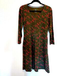Gudren Sjoden Brown w/Berry Floral Midi Length 3/4 Sleeves Boho Dress Size M